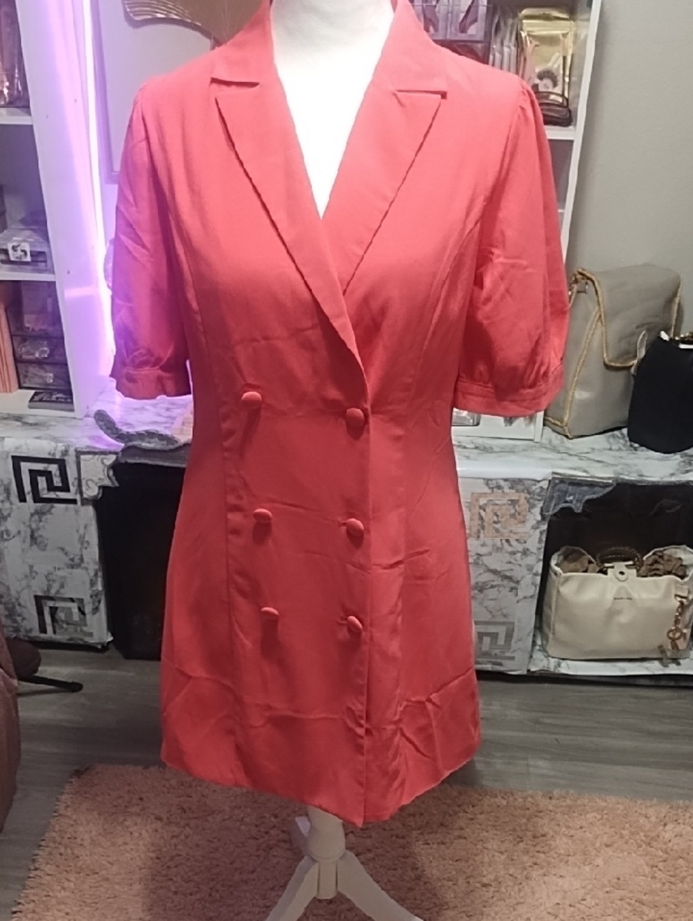 Tailored Coral Double-Breasted Mini Dress